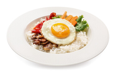 Plate with tasty egg, vegetables and rice on white background