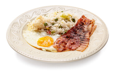 Plate with tasty egg, bacon and rice on white background