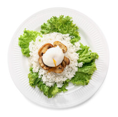 Plate with tasty egg, mushrooms and rice on white background