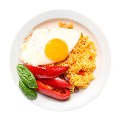 Plate with tasty egg, pepper and rice on white background