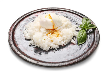 Plate with tasty egg and rice on white background