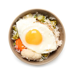 Bowl with tasty egg, vegetables and rice on white background