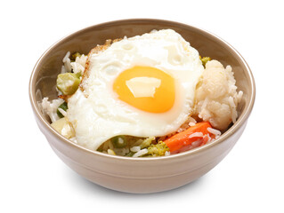 Bowl with tasty egg, vegetables and rice on white background