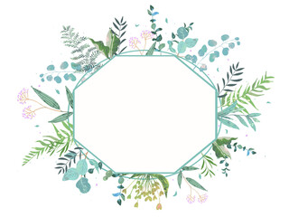 Fototapete 優しい色使いの北欧風オシャレな植物とカタツムリの白バックフレームイラスト素材 Melchi