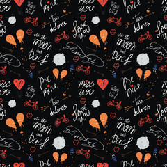 Seamless pattern for Valentine's Day, with different details and inscriptions, on a black background