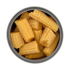 Top view of an open can filled with organic baby corn isolated on a white background.