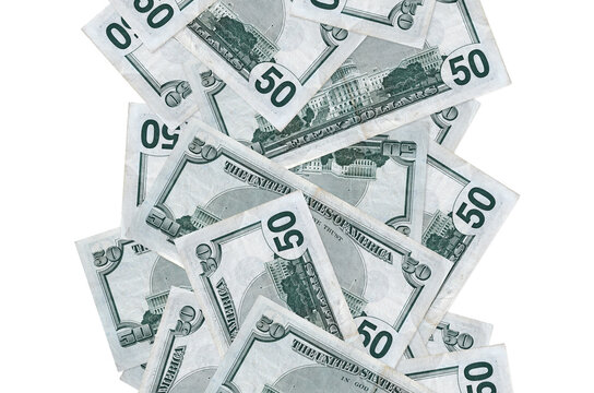 50 US dollars bills flying down isolated on white. Many banknotes falling with white copyspace on left and right side