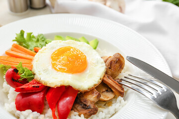 Plate with tasty egg, vegetables and rice, closeup