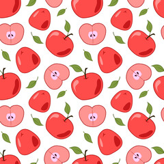 Red apples with leaves in a cut. Seamless repeating colored pattern on a white background.