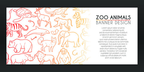 Zoo Animals Doodles Banner. Wild Life Background Hand drawn. Icons illustration. Vector Horizontal Design.