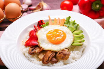 Plate with tasty egg, vegetables and rice on color background, closeup
