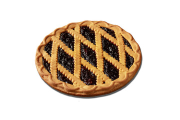 Shortcrust pie with black currant and mint isolated on white background. Top view. 