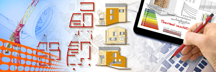 Construction site for the construction of a new thermally insulated building - Energy efficiency...