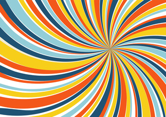 Swirl pattern background. 1970s style. Spiral striped design with retro colors palette.