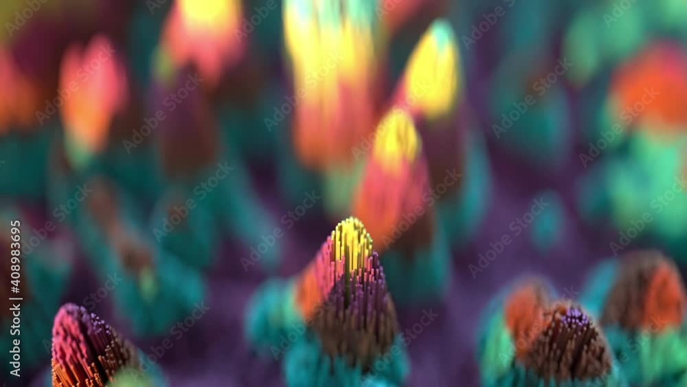 Poster moving scatter topographic landscape based on colorful cubes. abstract background with depth of fiel