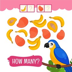 Counting educational children game, math kids activity sheet. How many  mango and bananas?