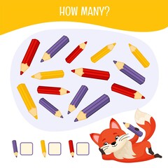 Counting educational children game, math kids activity sheet. How many  pencils?