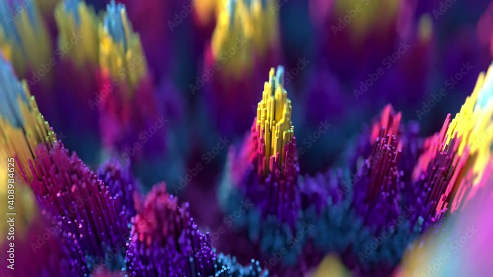 Poster moving scatter topographic landscape based on colorful cubes. abstract background with depth of fiel