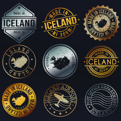 Iceland Map Metal Stamps. Gold Made In Product Seal. National Logo Icon. Symbol Design Insignia Country.