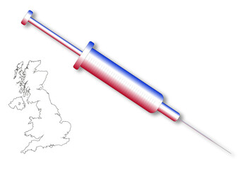 A covid-19 vaccine syringe in red, white and blue, with a small UK map, on a white background