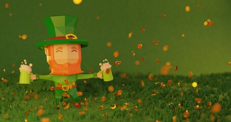 St. patrick's day in 4k. 3d rendered illustration, low poly cartoon character with beer in hands, Falling coins with Cloverleaf sign