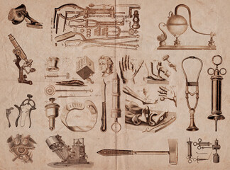 Various instruments and practices of ancient medicine used by doctors. Gadgets to treat deformed fingers and toes, cataract surgery, syringe, stethoscope, and other objects. 