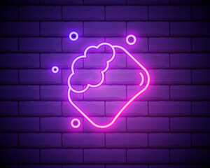 Glowing neon line Bar of soap icon isolated on brick wall background. Soap bar with bubbles. Vector Illustration