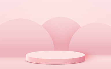 Abstract scene background. Cylinder podium on pink background. Product presentation, mock up, show cosmetic product, Podium, stage pedestal or platform.