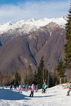 Sochi, Krasnaya Polyana, Russia, January 07, 2021: - People are on ski resort