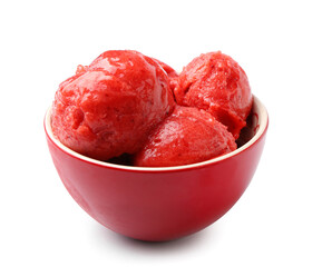 Bowl with tasty watermelon ice cream on white background