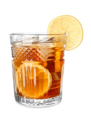 Glass of cold black tea with lemon on white background