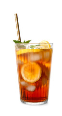 Glass of cold black tea with lemon on white background