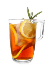 Cup of cold black tea with lemon on white background