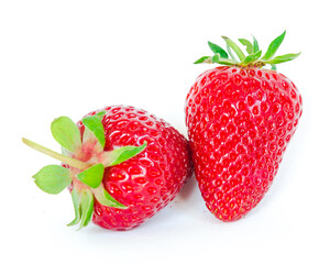 Two strawberry fruits isolated on white background with copy space