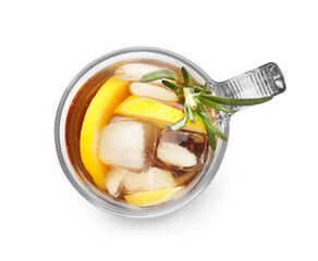 Cup of cold black tea with lemon on white background