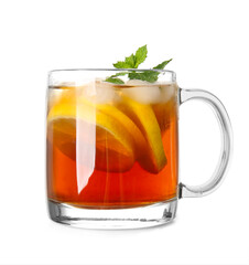 Cup of cold black tea with lemon on white background