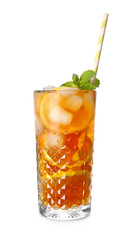 Glass of cold black tea with lemon on white background