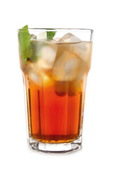 Glass of cold black tea with lemon on white background