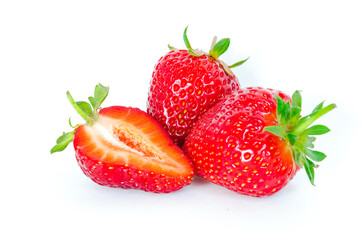 Two strawberry fruits and a half cut isolated on white background with copy space