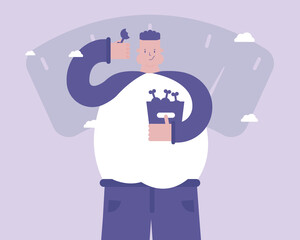 A man eats junk food. Obesity. Depression concept. Vector illustration  for telework, remote working and freelancing concept, business, start up
