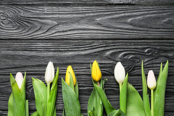 Tulip flowers on dark wooden background