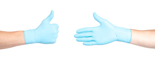 Surgeon hand with thumb up after the successful surgery. Hand shows the gesture on a white background