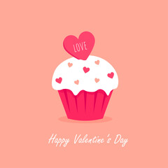 Sweet cake with red hearts on a pink background. Greeting card for Valentine's day. Hand drawn vector illustration.