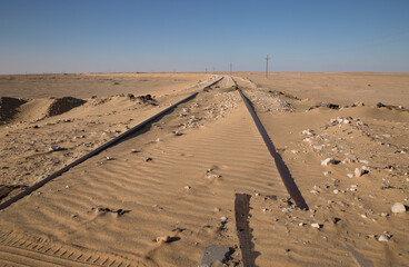 Abandoned railway tracks in the libyan desert in Egypt