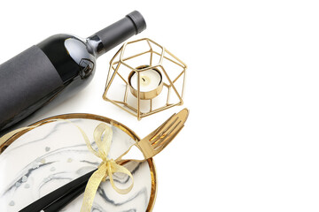 Festive table setting for Valentines Day celebration on white background