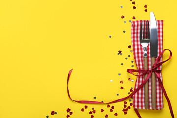 Festive table setting for Valentines Day celebration on color background