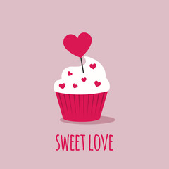 Sweet cake with red hearts on a pink background. Greeting card for Valentine's day. Hand drawn vector illustration.