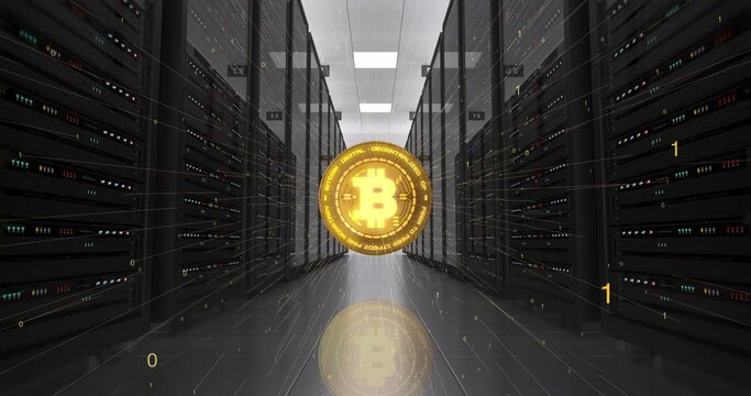 Bitcoin Gold Cryptocurrency Coin In High Tech Server Room. Mining In Progress. Technology And Business Related 3D Animation.