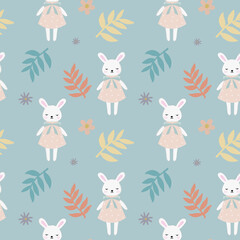 Seamless pattern with cute Bunny and flowers.  Cute baby animals. Perfect background for nursery, kids, children textile. Lovely print for school supplies, covers.