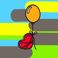 A red heart tied to a balloon with a string. Saturated colored background. Valentine's card for Valentine's Day.